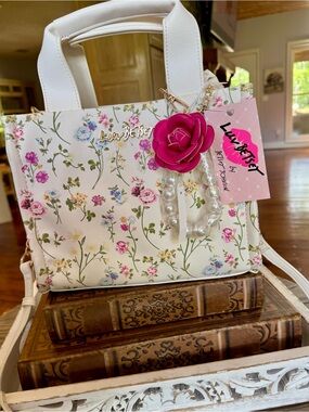 Betsy Johnson Floral White Tote with Pink Rose Charm